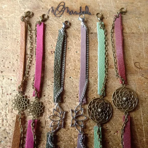 Bracelet cuir et chaine Rosace/Graine de vie/Lotus