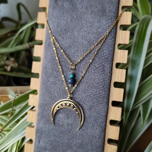 Collier double Lune Dor&eacute;e et Pierre